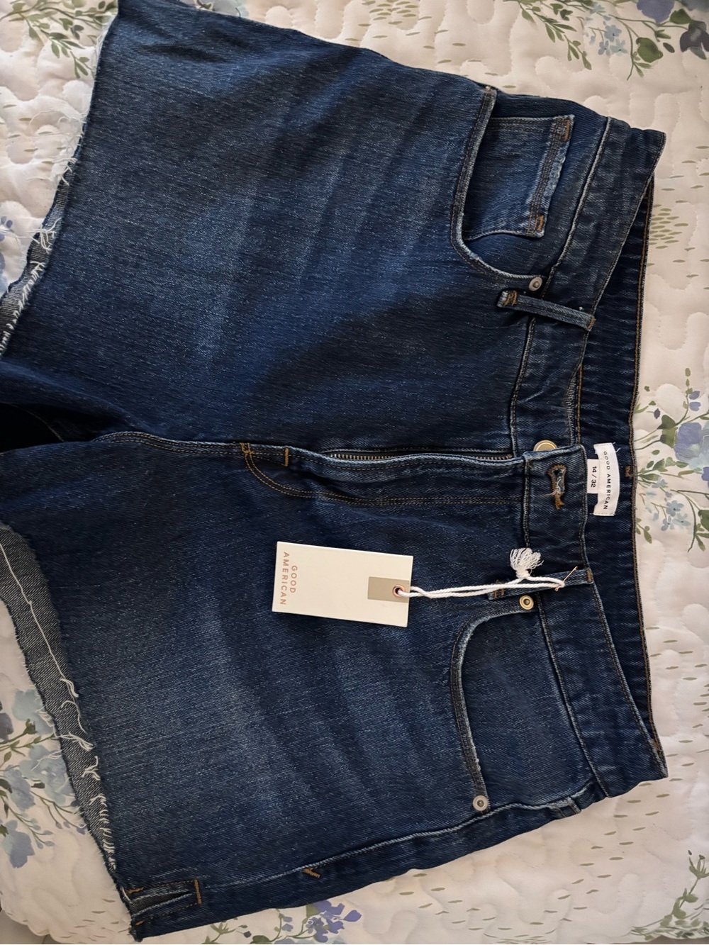 Good American Dark Indigo Cropped Denim Shorts